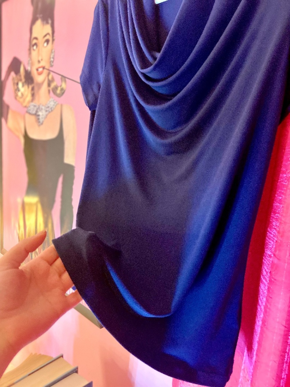 Tahari Midnight Blue Cowl Neck Blouse Feminine Whimsigoth Relaxed Women’s Large - Picture 2 of 2